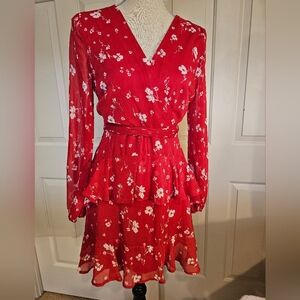 love, fire Floral 2 tiered wrap dress with sheer sleeves